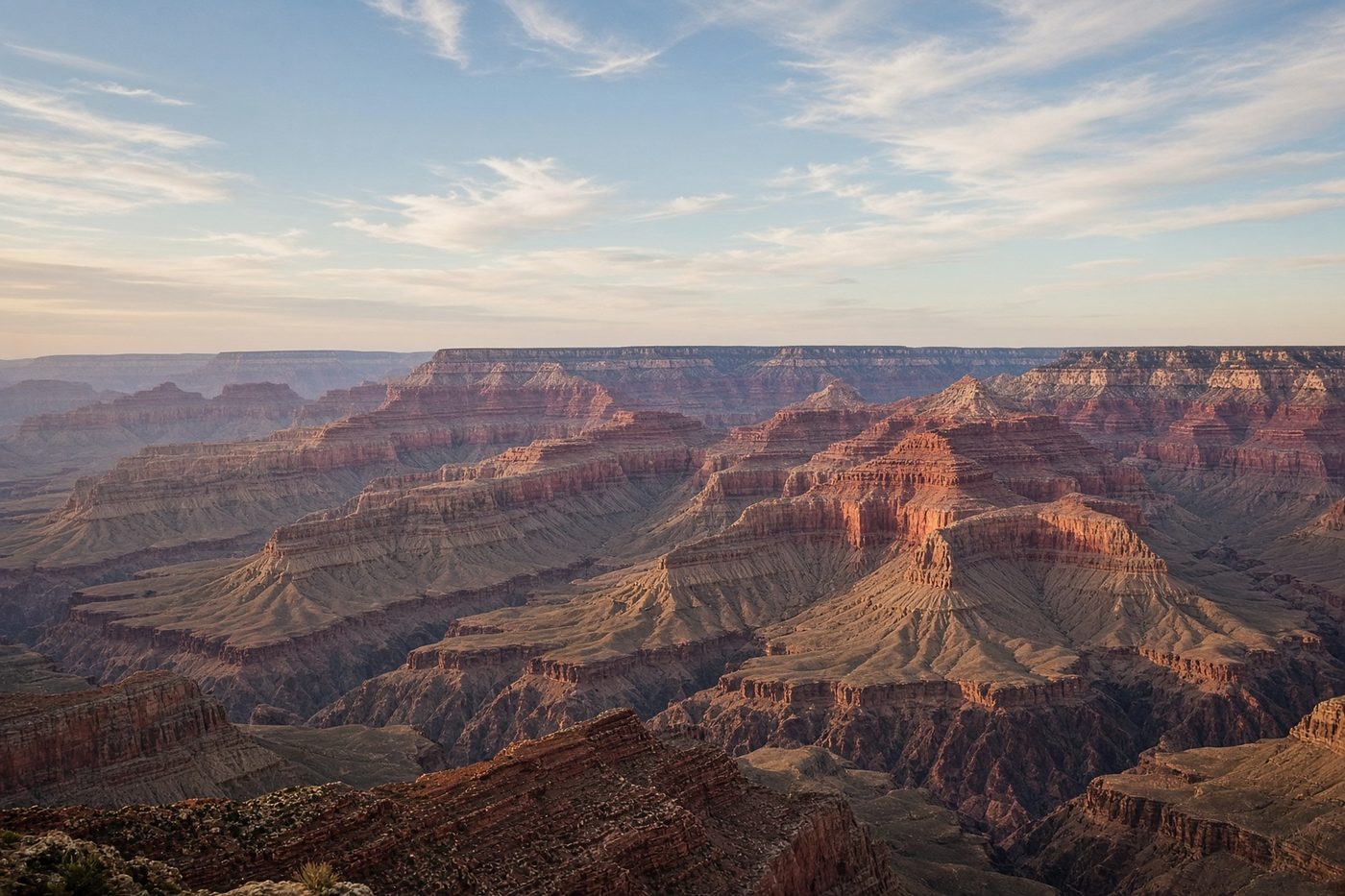 Grand Canyon rim in late afternoon, layered red stone receding into haze.